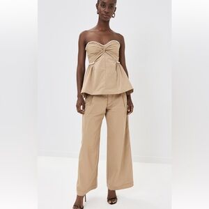 Kika Vargas Beige Strapless Pearl-Trim Wide Leg Set